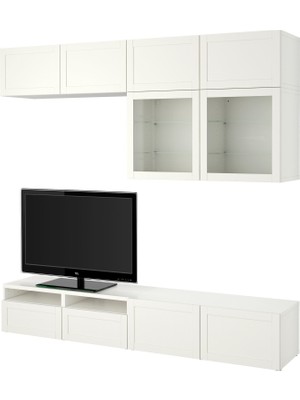 IKEA Beyaz Tv Ünitesi 240X42X231 Cm, 6 Kapaklı (2 Cam), 4 Çekmeceli, Raflı