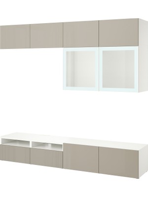 IKEA Beyaz-Buzlu Cam Tv Ünitesi 240X42X231 Cm, 6 Kapaklı (2 Cam), 4 Çekmeceli, Raflı