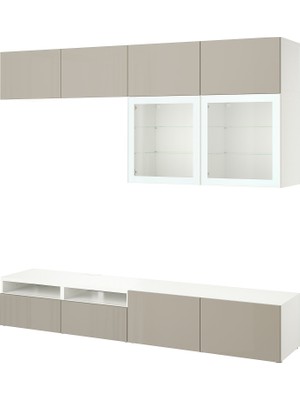 IKEA Beyaz-Buzlu Cam Tv Ünitesi 240X42X231 Cm, 6 Kapaklı (2 Cam), 4 Çekmeceli, Raflı