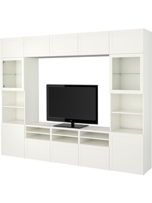 IKEA Beyaz Tv Ünitesi 300X42X231 Cm, 9 Kapaklı (2 Cam), 3 Çekmeceli, Raflı