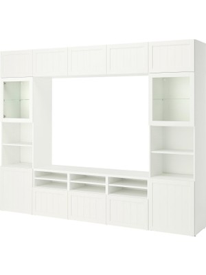 IKEA Beyaz Tv Ünitesi 300X42X231 Cm, 9 Kapaklı (2 Cam), 3 Çekmeceli, Raflı
