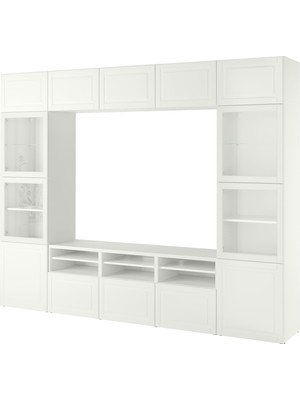 IKEA Beyaz Tv Ünitesi 300X42X231 Cm, 11 Kapaklı (4 Cam), 3 Çekmeceli, Raflı