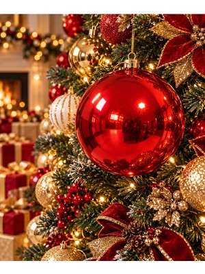 Bkmc Party 20 cm Büyük Boy Yılbaşı Topu Parlak Kırmızı Gold Noel Ağacı Süsü Yılbaşı Ağaç Dekarasyon Süsü