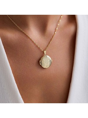 Sembol Gold 14 Ayar Altın Vintage Çiçek Desenli Resimli Kapaklı Kolye 2 cm