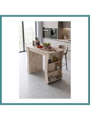 Bezos Mutfak Masası Mutfak Adası Ada Masa Bar Masası Kahvaltı Masası Raflı Çok Amaçlı Dolap Modern Masa 120X60 cm 9835 Traverten Mac