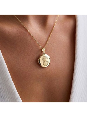 Sembol Gold 14 Ayar Altın Resimli Kapaklı Kolye Kadın Figürlü 2 cm