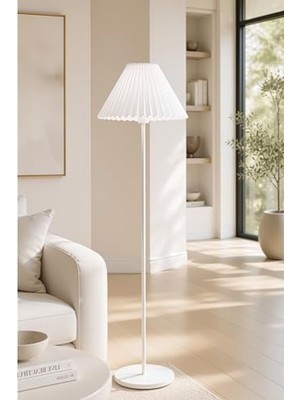 Şanal Tek Ayaklı Modern Lambader, Kırma Beyaz Kumaş Pileli Başlık ile