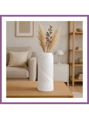 Bezos 3D Baskı Vector Vazo - Geometrik Çizgili Dekoratif Vazo-Beyaz Rengaren