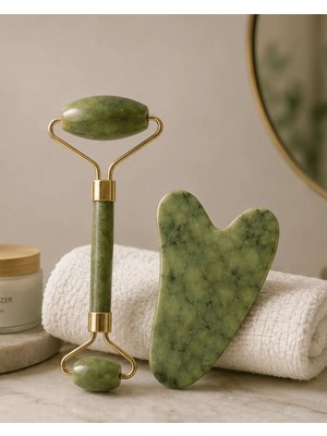 Bmk Jade Roller ve Gua Sha Taşı Yüz Bakım Masaj Seti