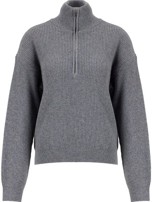Fabrika F6WL-KZK0011 Gri Melanj Kadın Fermuarlı Fitilli Loose Fit Kazak