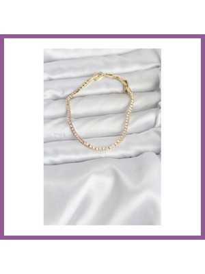 Bezos Pembe ve Beyaz Zirkon Taşlı Gold Renk Su Yolu Kadın Bileklik Rengaren