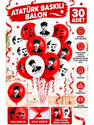 ArtMaster Atatürklü Balon 30 Adet Ata Balon Süsleme 29 Ekim 23 Nisan Kırmızı Beyaz Balon Bayrak Balon Bayram