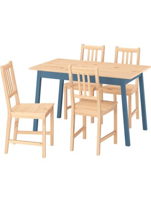IKEA Açık Kahverengi-Mavi Mutfak Masası Takımı 125X75X75 Cm, 4 Sandalyeli