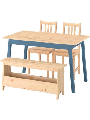 IKEA Açık Kahverengi-Mavi Mutfak Masası Takımı 125X75X75 Cm, 2 Sandalye ve 1 Bank