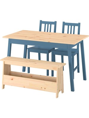 IKEA Açık Kahverengi-Mavi Mutfak Masası Takımı 125X75X75 Cm, 2 Sandalye ve 1 Bank