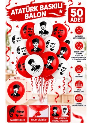 ArtMaster Atatürklü Balon 50 Adet Ata Balon Süsleme 29 Ekim 23 Nisan Kırmızı Beyaz Balon Bayrak Balon Bayram