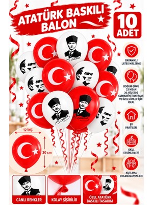 ArtMaster Atatüklü ve Bayraklı Balon 10 Adet Ata Balon Süsleme 29 Ekim 23 Nisan Kırmızı Beyaz Balon Bayrak Balon Bayram