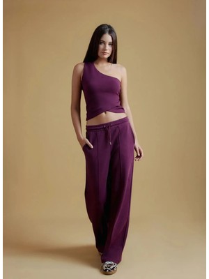 Aleg Bordo Kadın Loose Fit Nakışlı Eşofman Altı ALG26059
