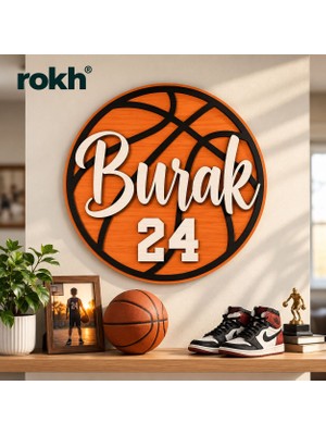 Rokh Kişiye Özel Isimli ve Numaralı Basketbol Topu Duvar Dekoru 38 cm Mdf Çocuk Genç Odası Süsü