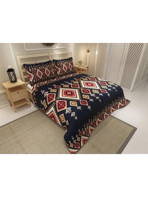 Tr Pike Takımı Pamuklu Çift Kişilik Jakar Dokuma Yatak Örtüsü Ethnic Geometric Lacivert, Pike