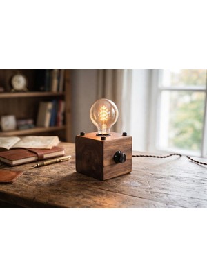 Xml Bayiciniz Tr Masif Ceviz Küp Masa Lambası, Dim Edilebilir. G95 Filament LED Ampul Dahil