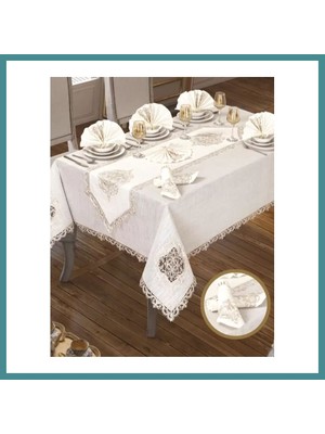Bezos Lisa Linen Krem 26 Parça 12 Kişilik Premium 160 × 260 cm Masa Seti Mac