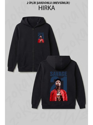 Zoka Wear 21 Savage Baskili Baskılı Fermuarlı Kapşonlu Hırka