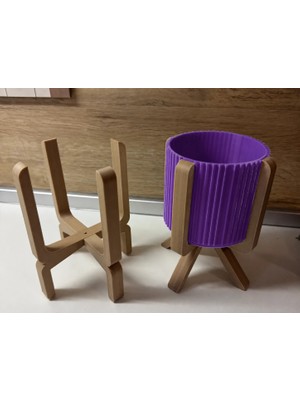 Urfakent 3D Baskı Ayaklı Çizgili Saksı - Bej Standlı Dekoratif Saksı - Mor