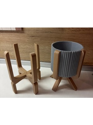 Urfakent 3D Baskı Ayaklı Çizgili Saksı - Bej Standlı Dekoratif Saksı - Gri