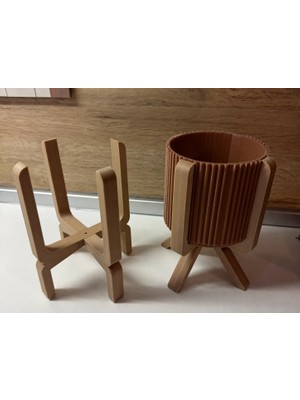 Urfakent 3D Baskı Ayaklı Çizgili Saksı - Bej Standlı Dekoratif Saksı - Kahverengi