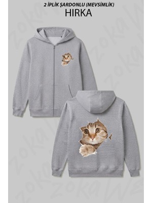 Zoka Wear Icimdeki Sirin Kedi Temali Baskılı Fermuarlı Kapşonlu Hırka