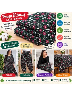 Öztürk Konsept Siyah Zemin Çiçek Desenli %100 Pamuk Pazen Kumaş 90X100 cm Elbiselik Şalvarlık Pijama Pantolonluk Masa Örtülük Kumaş