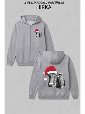 Zoka Wear Yilbasi Sapkali Inek Temali Baskılı Fermuarlı Kapşonlu Hırka