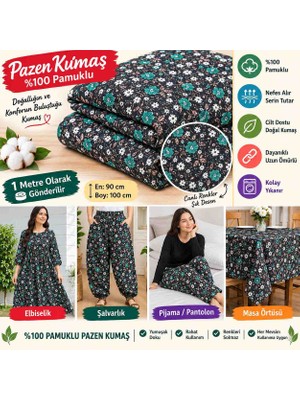 Öztürk Konsept Siyah Zemin Çiçek Desenli %100 Pamuk Pazen Kumaş 90X100 cm Elbiselik Şalvarlık Pijama Pantolonluk Masa Örtülük Kumaş