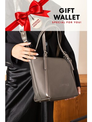 Just Polo Gri Cüzdanlı Orijinal 3 Bolmeli Genis Askili Kadin Omuz Cantasi Buyuk Boy 43*30 cm 6037