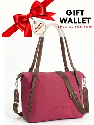 Just Polo Bordo Taba Cüzdanlı Orijinal 3 Bolmeli Genis Askili Kadin Omuz Cantasi Buyuk Boy 43*30 cm 6037