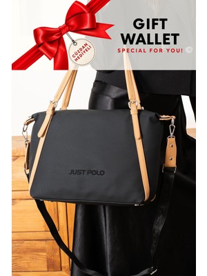 Just Polo Siyah Taba Cüzdanlı Orijinal 3 Bolmeli Genis Askili Kadin Omuz Cantasi Buyuk Boy 43*30 cm 6037