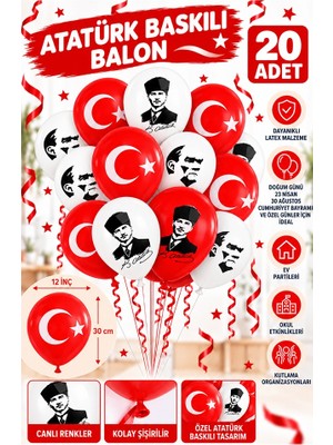 ArtMaster Atatüklü ve Bayraklı Balon 20 Adet Ata Balon Süsleme 29 Ekim 23 Nisan Kırmızı Beyaz Balon Bayrak Balon Bayram