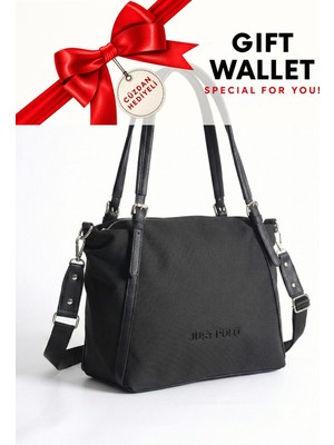 Just Polo Siyah Cüzdanlı Orijinal 3 Bolmeli Genis Askili Kadin Omuz Cantasi Buyuk Boy 43*30 cm 6037