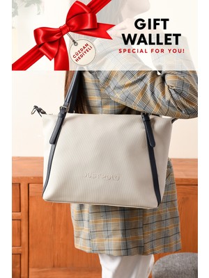 Just Polo Bej Cüzdanlı Orijinal 3 Bolmeli Genis Askili Kadin Omuz Cantasi Buyuk Boy 43*30 cm 6037