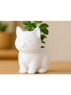 Urfakent 3D Baskı Sevimli Kedi Saksı - Figürlü Sukulent Saksısı-Beyaz