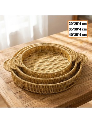 Nzm Store Iç Içe Geçebilen 3’lü Yuvarlak Plastik Rattan Tepsi Seti–hasır Görünümlü Çok Amaçlı Servis ve Sunum Tepsileri