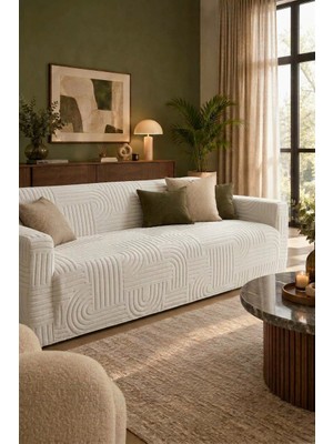 Talvora Home Krem 165X210 Geometrik Desenli Yıkanabilir Premium Koltuk Örtüsü