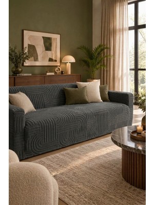 Talvora Home Koyu Gri 165X210 Geometrik Desenli Yıkanabilir Premium Koltuk Örtüsü