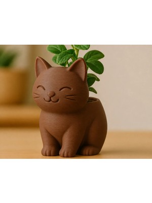 Urfakent 3D Baskı Sevimli Kedi Saksı - Figürlü Sukulent Saksısı-Kahverengi