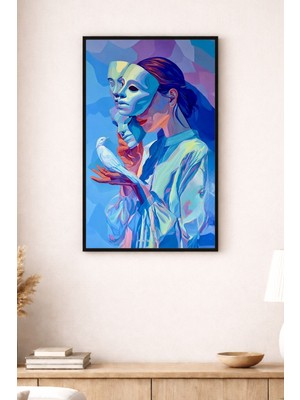 Maskelerin Ardındaki Kadın Beyaz Güvercin Figürlü Soyut Sanat Modern Dekoratif Duvar Tablosu (Çerçeve Seçenekli)