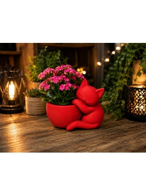 Urfakent 3D Baskı Sarılan Kedi Saksı - Sevimli Dekoratif Saksı - Kırmızı