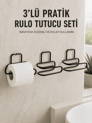 Nzm Store 3’lü Yapışkanlı Tuvalet Kağıdı Tutucu Seti Siyah Duvar Tipi Rulo Kağıtlık