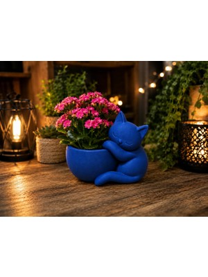 Urfakent 3D Baskı Sarılan Kedi Saksı - Sevimli Dekoratif Saksı - Mavi