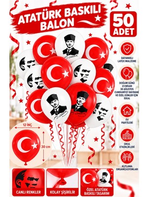 ArtMaster Atatüklü ve Bayraklı Balon 50 Adet Ata Balon Süsleme 29 Ekim 23 Nisan Kırmızı Beyaz Balon Bayrak Balon Bayram